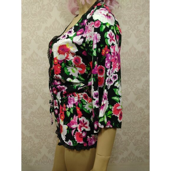 Betsey Johnson Floral Romper Size XS Kimono Sleeve Lounge Wear Lace Trim Deep V - Picture 8 of 12